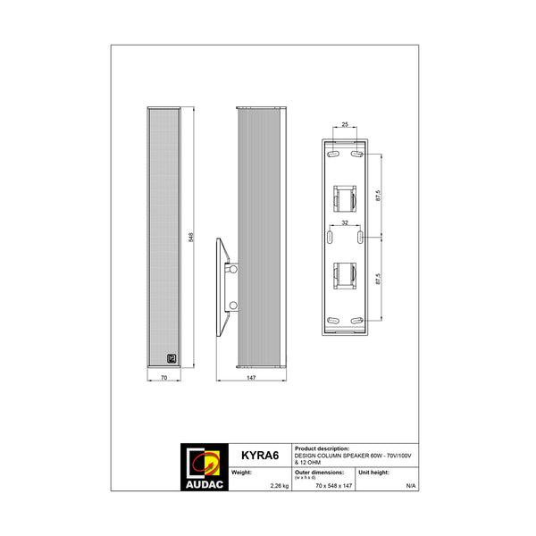 KYRA6/B, Pelarhögtalare, 6x2 tum, 12 Ω + 70V/100V, svart